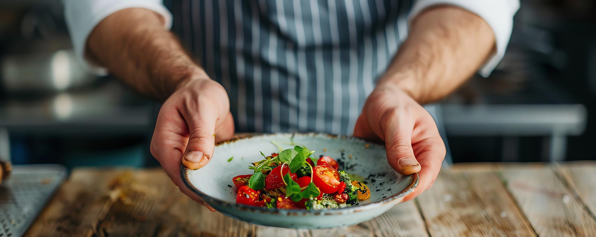 Instructor plating a rustic dish on wooden table